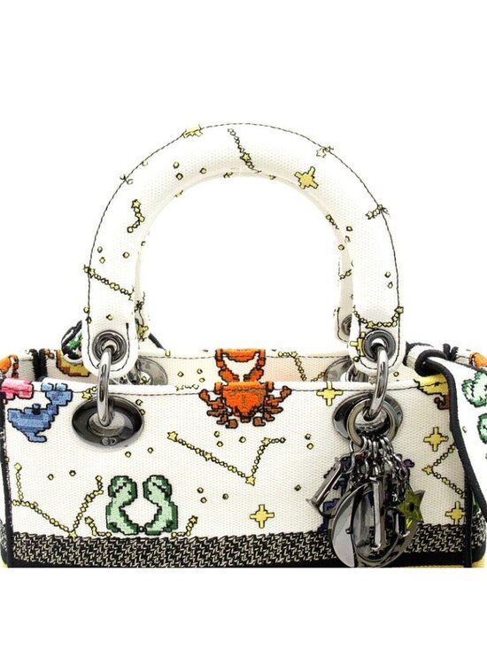 CHRISTIAN DIOR LADY LITE Tote White Multicolor Canvas  Dior Lady D-lite Lucky Motif Canvas Tote White Multi